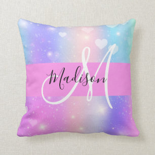 Girly Colorful Unicorn Rainbow Hearts Monogram Throw Pillow