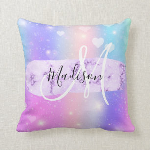 Girly Colorful Unicorn Rainbow Hearts Monogram Throw Pillow