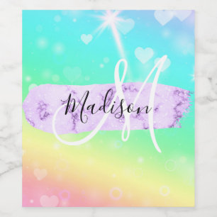 Girly Colorful Unicorn Rainbow Hearts Monogram Wine Label