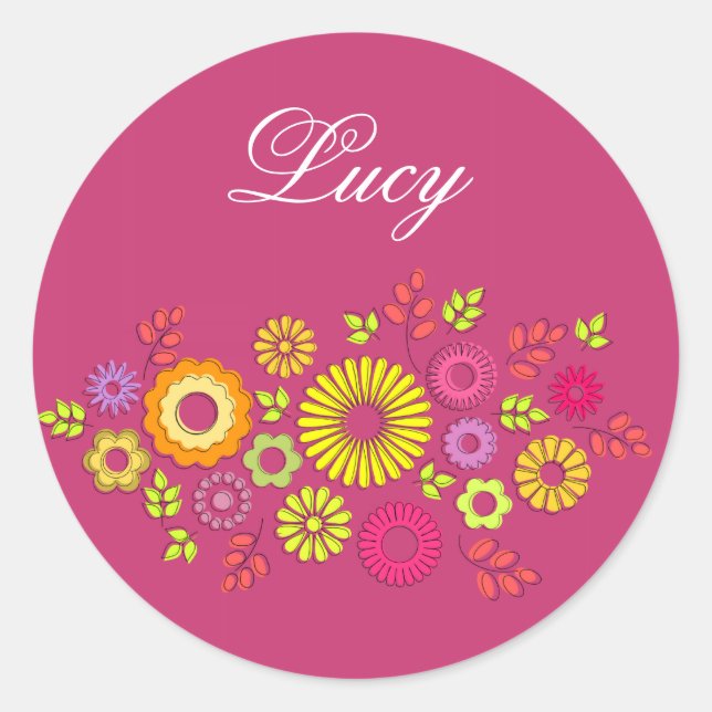 Girly colourful and pink summer flowers classic round sticker (Front)