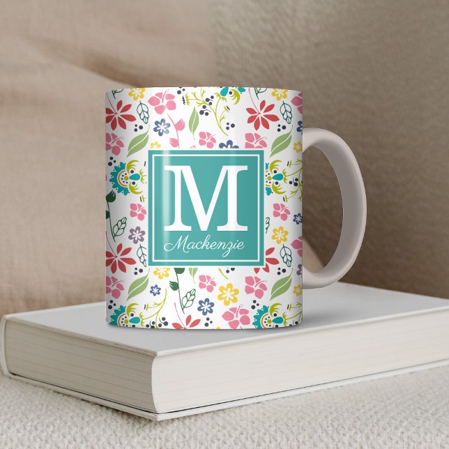 Girly Colourful Bohemian Spring Flowers Monogram Coffee Mug (Girly Colorful Bohemian Spring Flowers Monogram Coffee Mug)
