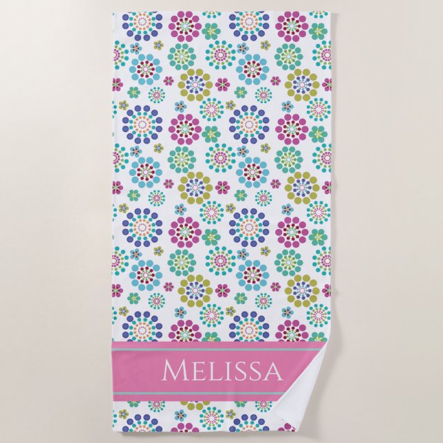 Girly Colourful Dot Flower Pattern Personalized Beach Towel (Front)