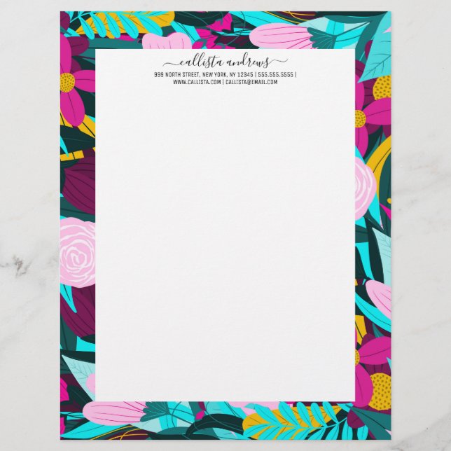 Girly Colourful Floral Leaves Illustration Pattern Letterhead (Front)