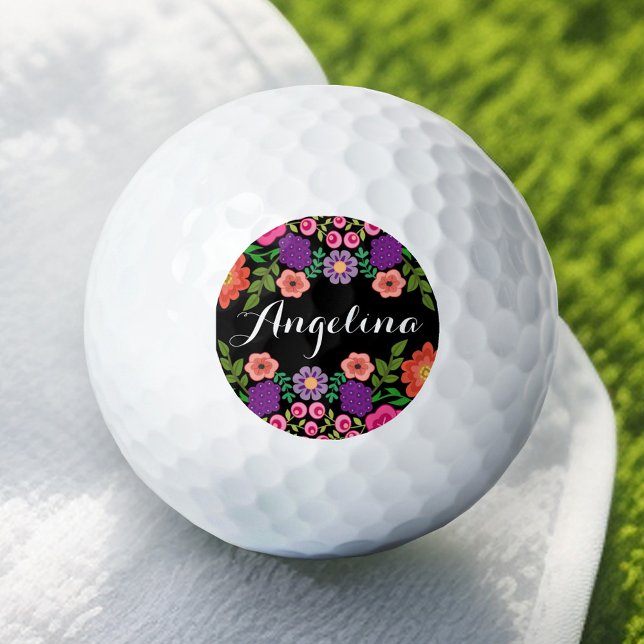 Girly Colourful Floral Pattern Custom Name Monogra Golf Balls (Personalized Golf Ball - Add Your Name)