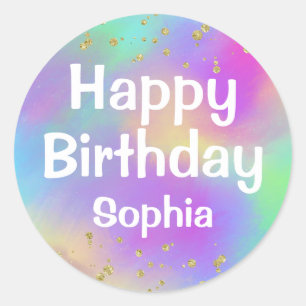 Girly Colourful Happy Birthday Unicorn Gold Classic Round Sticker