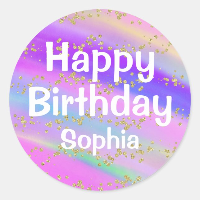 Girly Colourful Happy Birthday Unicorn Gold Glitte Classic Round Sticker (Front)