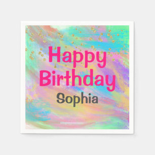 Girly Colourful Happy Birthday Unicorn Gold Glitte Napkin