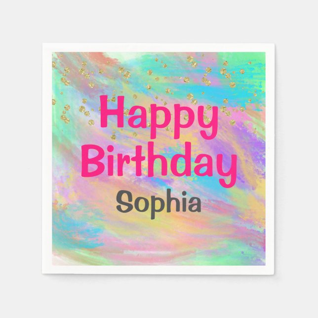 Girly Colourful Happy Birthday Unicorn Gold Glitte Napkin (Front)