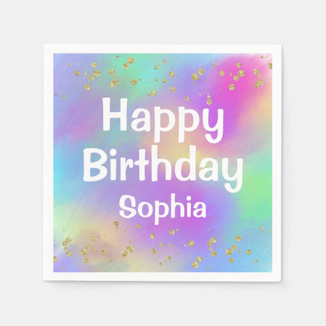 Girly Colourful Happy Birthday Unicorn Gold Glitte Napkin (Front)