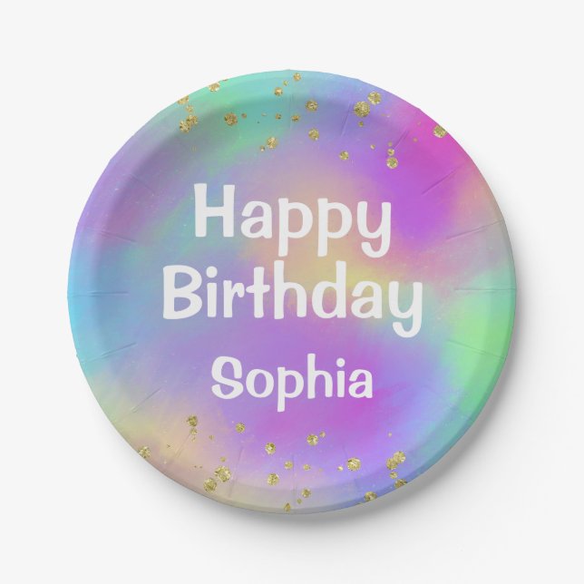 Girly Colourful Happy Birthday Unicorn Gold Glitte Paper Plate (Front)