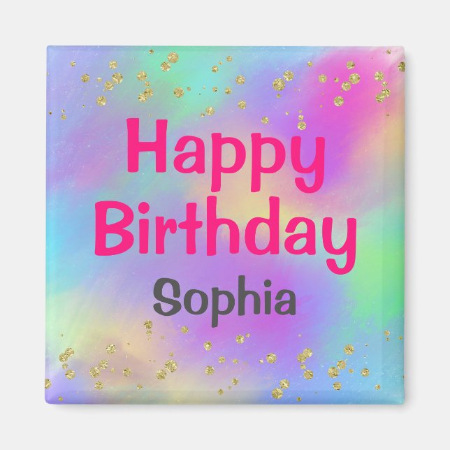 Girly Colourful Happy Birthday Unicorn Gold Magnet (Front)