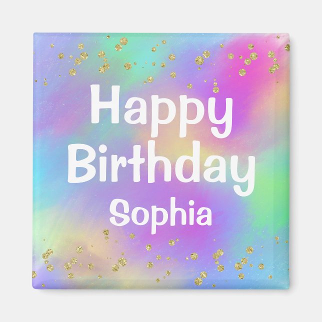 Girly Colourful Happy Birthday Unicorn Gold Magnet (Front)