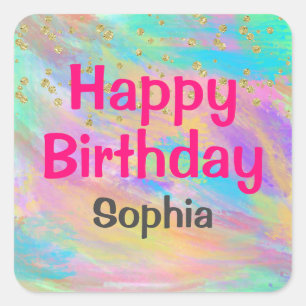 Girly Colourful Happy Birthday Unicorn Gold Square Sticker