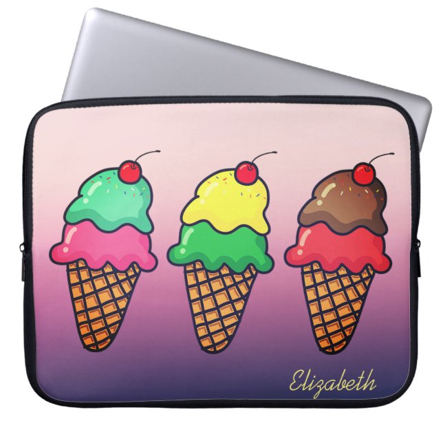 Girly Colourful Ice Cream Cones - Personalized Laptop Sleeve (Front)