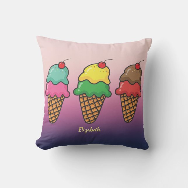 Girly Colourful Ice Cream Cones - Personalized Throw Pillow (Front)