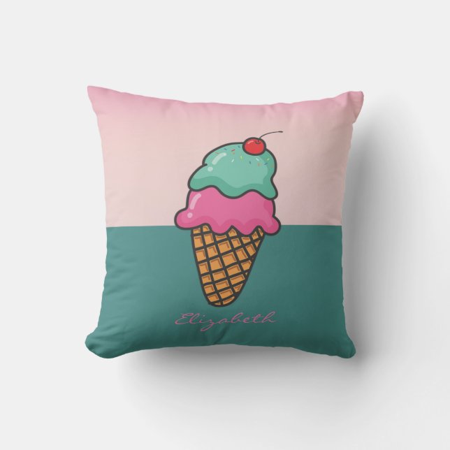 Girly Colourful Ice Cream Cones - Personalized Throw Pillow (Front)