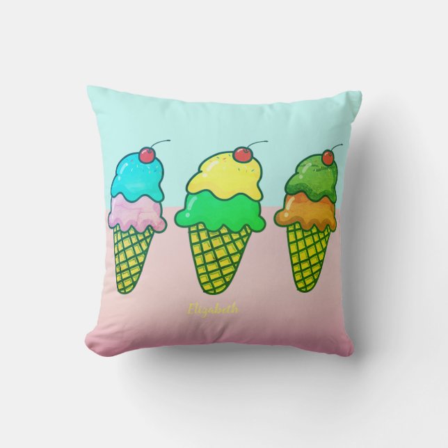 Girly Colourful Ice Cream Cones - Personalized Throw Pillow (Front)
