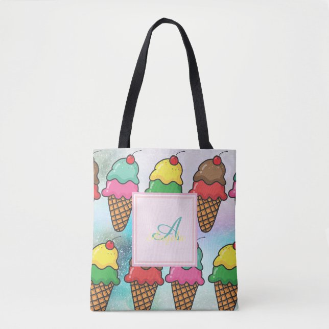 Girly Colourful Ice Cream Cones - Personalized Tote Bag (Front)