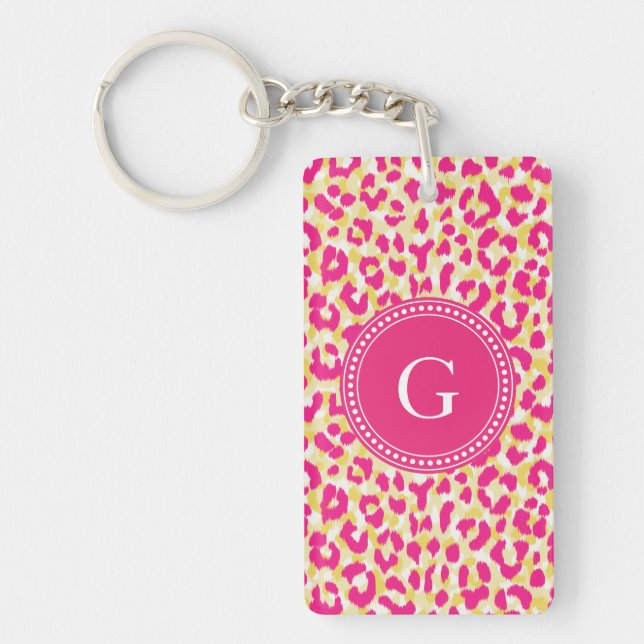 Girly colourful pink cheetah print monogram keychain (Front)