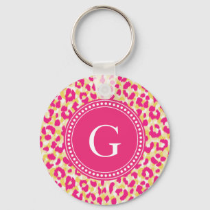 Girly colourful pink cheetah print monogram keychain