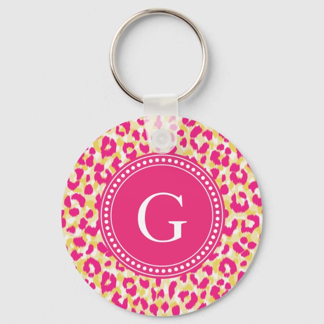 Girly colourful pink cheetah print monogram keychain (Front)