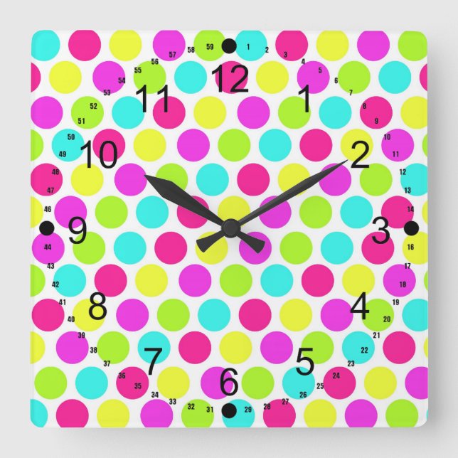 Girly Colourful Polka Dots Pattern for Girls Square Wall Clock (Front)
