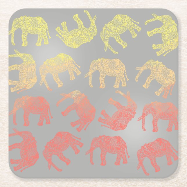 girly colourful tribal floral elephant pattern square paper coaster (Front)