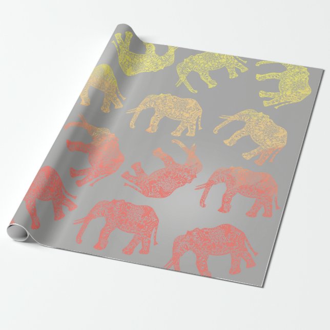 girly colourful tribal floral elephant pattern wrapping paper (Unrolled)