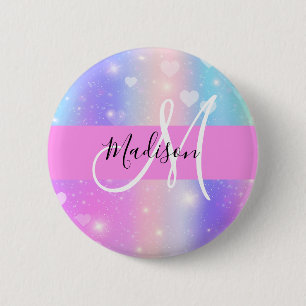 Girly Colourful Unicorn Rainbow Hearts Monogram 2 Inch Round Button