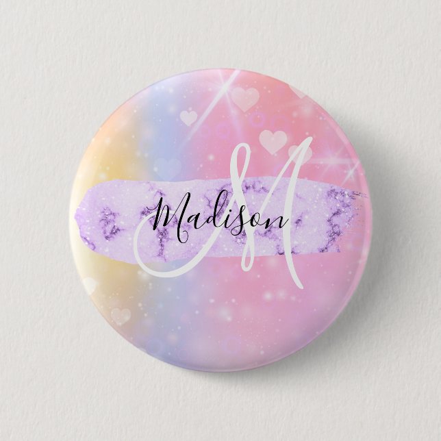 Girly Colourful Unicorn Rainbow Hearts Monogram 2 Inch Round Button (Front)