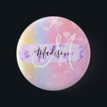 Girly Colourful Unicorn Rainbow Hearts Monogram 2 Inch Round Button<br><div class="desc">Girly and cute button with a colourful pink,  peach,  purple,  lilac and blue unicorn rainbow hearts sparkly background. Your custom name and monogram are written in an elegant hand lettered script with a lilac purple unicorn paint brush strokes stripe background. A perfect birthday or Christmas gift!</div>