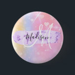 Girly Colourful Unicorn Rainbow Hearts Monogram 2 Inch Round Button<br><div class="desc">Girly and cute button with a colourful pink,  peach,  purple,  lilac and blue unicorn rainbow hearts sparkly background. Your custom name and monogram are written in an elegant hand lettered script with a lilac purple unicorn paint brush strokes stripe background. A perfect birthday or Christmas gift!</div>