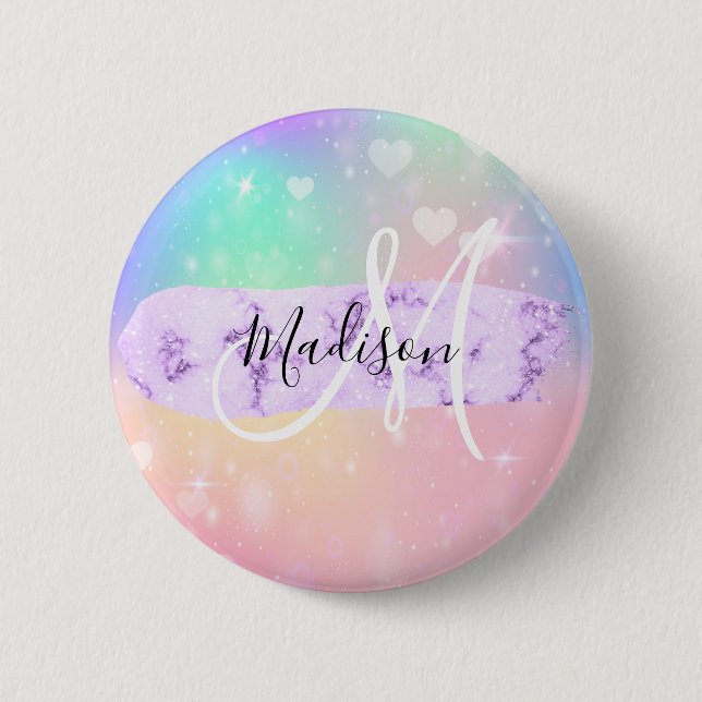 Girly Colourful Unicorn Rainbow Hearts Monogram 2 Inch Round Button (Front)