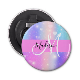 Girly Colourful Unicorn Rainbow Hearts Monogram Bottle Opener