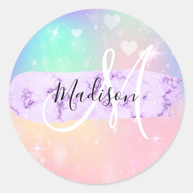 Girly Colourful Unicorn Rainbow Hearts Monogram Classic Round Sticker (Front)
