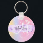 Girly Colourful Unicorn Rainbow Hearts Monogram Keychain<br><div class="desc">Girly and cute keychain with a colourful pink,  peach,  purple,  lilac and blue unicorn rainbow hearts sparkly background. Your custom name and monogram are written in an elegant hand lettered script with a lilac purple unicorn paint brush strokes stripe background. A perfect birthday or Christmas gift!</div>