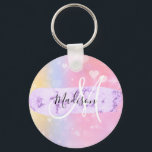 Girly Colourful Unicorn Rainbow Hearts Monogram Keychain<br><div class="desc">Girly and cute keychain with a colourful pink, peach, purple, lilac and blue unicorn rainbow hearts sparkly background. Your custom name and monogram are written in an elegant hand lettered script with a lilac purple unicorn paint brush strokes stripe background. A perfect birthday or Christmas gift!</div>