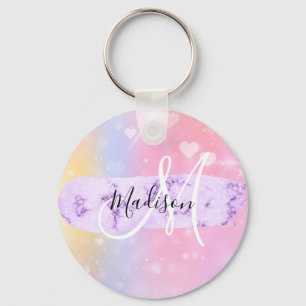 Girly Colourful Unicorn Rainbow Hearts Monogram Keychain