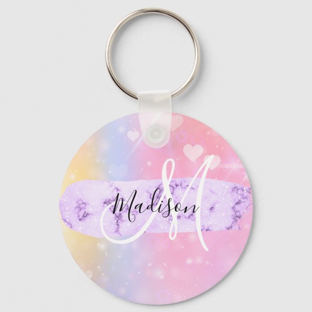 Girly Colourful Unicorn Rainbow Hearts Monogram Keychain (Front)