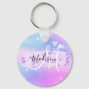 Girly Colourful Unicorn Rainbow Hearts Monogram Keychain