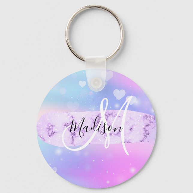 Girly Colourful Unicorn Rainbow Hearts Monogram Keychain (Front)