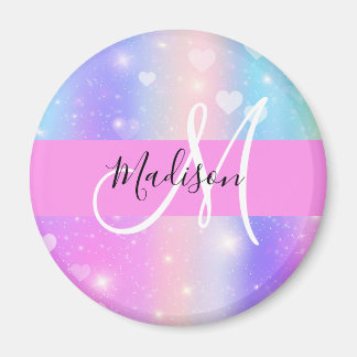 Girly Colourful Unicorn Rainbow Hearts Monogram Magnet