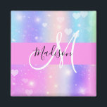 Girly Colourful Unicorn Rainbow Hearts Monogram Magnet<br><div class="desc">Girly and cute magnet with a colourful pink,  purple,  lilac,  blue and green unicorn rainbow hearts sparkly background. Your custom name and monogram are written in an elegant hand lettered script with a pink background. A perfect birthday or Christmas gift!</div>