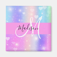 Girly Colourful Unicorn Rainbow Hearts Monogram