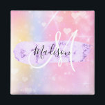 Girly Colourful Unicorn Rainbow Hearts Monogram Magnet<br><div class="desc">Girly and cute magnet with a colourful pink,  peach,  purple,  lilac and blue unicorn rainbow hearts sparkly background. Your custom name and monogram are written in an elegant hand lettered script with a lilac purple unicorn paint brush strokes stripe background. A perfect birthday or Christmas gift!</div>