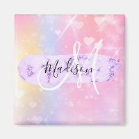 Girly Colourful Unicorn Rainbow Hearts Monogram