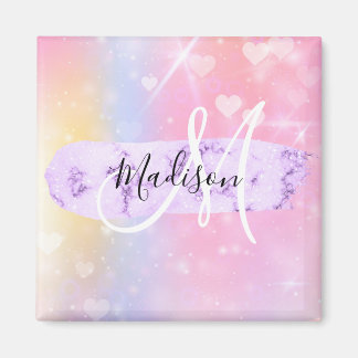 Girly Colourful Unicorn Rainbow Hearts Monogram Magnet