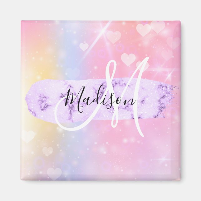 Girly Colourful Unicorn Rainbow Hearts Monogram Magnet (Front)