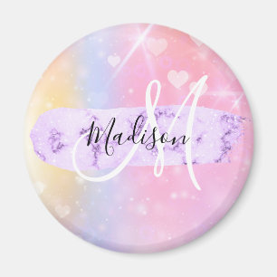Girly Colourful Unicorn Rainbow Hearts Monogram Magnet