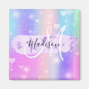Girly Colourful Unicorn Rainbow Hearts Monogram Magnet
